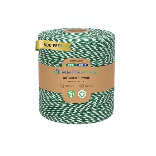Twine String | Butchers Kitchen Twine for Turkey Trussing, Meat Prep & Food Oven Safe| Bakers Cooking Crafting| Wired Heavy Natural Cotton| DIY Garden Thread (Green and White, 500 FEET)