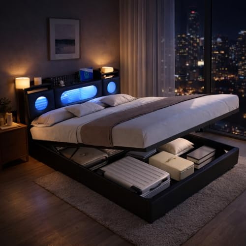 CDQL Polsterbett Doppelbett 160x200 cm mit Luftdruckstauraum, Kopfteil mit Ablagefach und Verborgenem Stauraum, LED-Bett mit USB-Anschluss, Funktionsbett, Jugendbett, PU, Schwarz