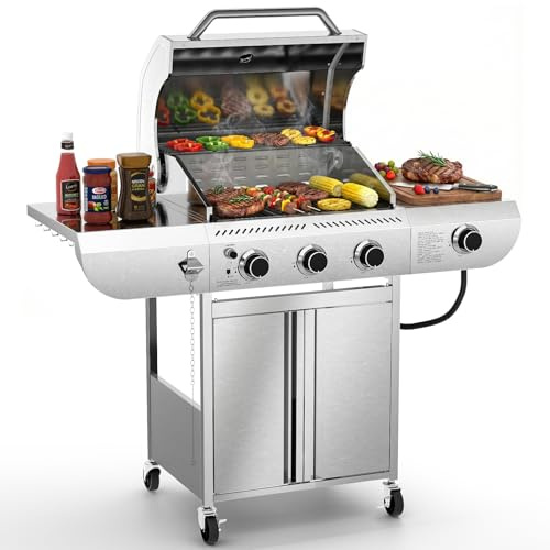 WAA Portable Propane Griddle, Tabletop Portable Propane Gas Grill, Stainless Steel Flat Top Grill, Outdoor Cooking for Tailgating,Camping, RVs, BBQ, Patio, Silver (3-Burner-2)
