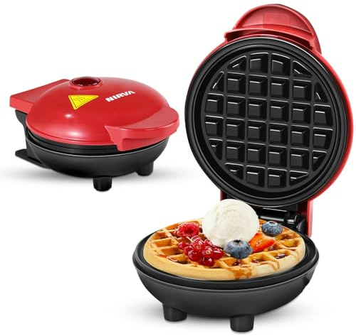 NIRVA Mini Waffeleisen, Kleiner Waffelmaker mit Antihaftbeschichtung, Kompakt für Single Haushalte & Kleine Küchen, 545 Watt, Rot, für Geburtstagsfeier, Familienfeiern, Ostern oder Weihnachten