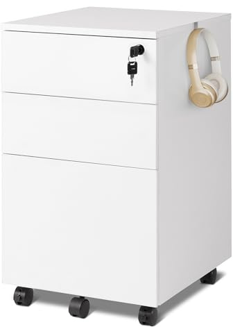 DEVAISE 3 Drawers Filing Cabinet, Lockable File Cabinet Wood Under Desk Drawers with Storage fits Letter/Legal/A4 Size for Home Office, Bright White