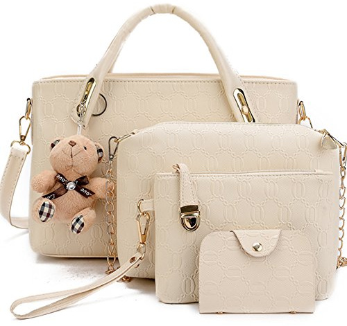 FiveloveTwo Damen 4Pcs Top Griff Satchel Hobo PU Leder Umhängetasche Handtasche Set große Tasche + Geldbörse + Schultertasche