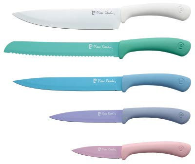 5 coltelli da cucina Pierre Cardin in acciaio con rivestimento in ceramica colorata antiaderente e antibatterico colorato con manico ergonomico soft touch look vintage retro colori pastello 5252