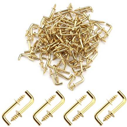 MroMax 100 Stück Messing Schraubhaken, 1,27 cm Schulterhaken, 7 Form Schraubhaken, rechtwinklige Medaillenhaken, L-förmige selbstschneidende Schraubhaken, goldene L-förmige Haken, quadratische