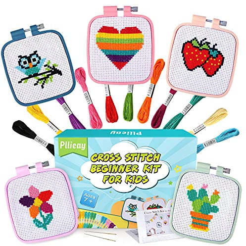Pllieay 5-teiliges Kreuzstich-Set für Anfänger für Kinder von 7–13, inklusive 5 gemusterten und 5 quadratischen Stickrahmen, 11 Knäuel, Nadelspitzen-Starter-Set, Nähset mit Anleitung (evtl. nicht in