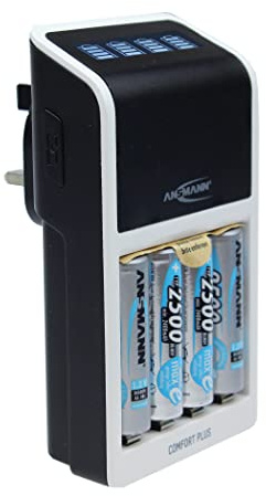 Ansmann Comfort Plus AA, AAA & 9V Battery Charger For NiMH NiCd Rechargeable Batteries with UK 3-Pin Plug & 4 x AA 2500mAh Batteries - 3 Yr Warranty, White, (1001-0094-44-02)
