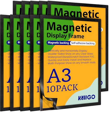VAIIGO A3 Cadre Magnétique, Cadre d'information, Autocollant de Fermeture magnétique pour Documents, Photos, Sachet (Noir, A3/10Pack)