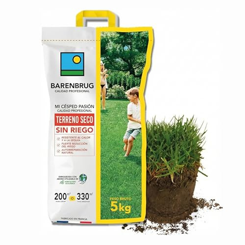BARENBRUG - Gazon Terrain Sec sans arrosage - Résiste à la Chaleur et à la Sécheresse - Forte Réduction de l’Arrosage - Autoréparation Naturelle - Économe en Eau - Fabriqué en France - 5KG