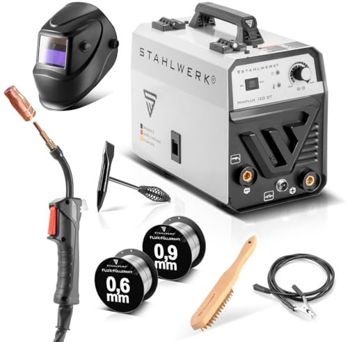 STAHLWERK Soldadora Mini FLUX 120 ST - totalmente equipada - Máquina de soldar hilo tubular sin gas, alimentación sinérgica para hilos de 0,6 | 0,8 | 0,9 | 1,0 mm, inversor compacto de 120 A reales