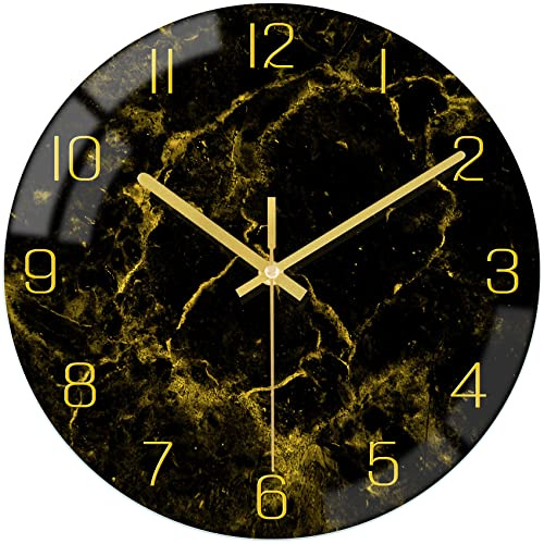 VIKMARI Horloge Murale Moderne Texture de Marbre Noir Or de 30 cm Silencieuse Non Tic-Tac Fonctionnant à Batterie Horloges à Quartz - Décoration Rustique pour Cuisine Chambre Salon et Bureau