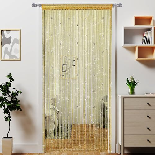 Atsweetlife Perlenvorhang, Türvorhang, Perlenvorhänge, hängende Raumteiler, Perlendekoration, Hippie-Glitzer-Fransen-Panel, Schrank, Fenster, Türen, Pailletten, Boho-Türen, Quaste (Gold)