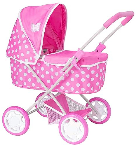 Dolly Tots Baby Pram | Pink & White Polka Dot Printed Pushchair | Kids Travel System With Adjustable Hood & Under Seat Storage | Pushchair & Pram Toys For Kids Boys & Girls Ages 3+
