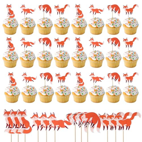 LETTERASHQP 36 Stück Fuchs Cupcake Toppers Foxes Geburtstag Cupcake Toppers Wildes Tier Kuchen Deko Füchse Cupcake Dekorationen für Baby Dusche Kinder Geburtstag Party Kuchen Dekorationen
