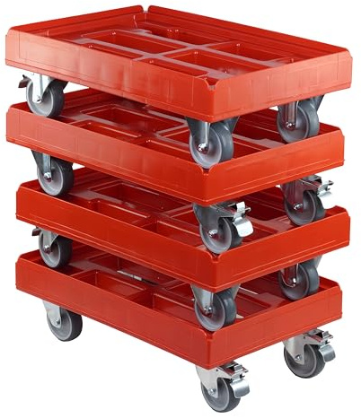 4 Stück Hygiene Transportroller für Kisten 60 x 40 cm mit 2 Bockrollen und 2 Lenkrollen mit Bremse in rot