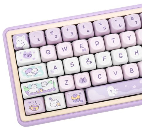 COOMICKEY PBT Keycaps, MOA Profile Keycaps 132 Keys Dye Sublimation Purple Cute Cat Customized Keycap Set for ANSI Layout Cherry MX Switches Mechanical Keyboards