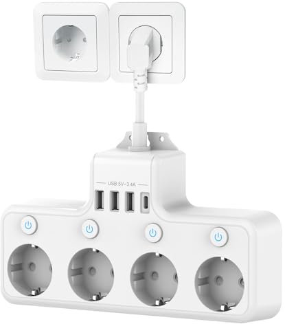 Steckdosenleiste mit USB, 4 Unabhängige Schaltdosen Mehrfachsteckdose mit USB-C (PD 20W) und 3 USB-A 4fach Steckdosenleiste Weiß Kindersichere mit Kurzem Kabel für das Heim Büro