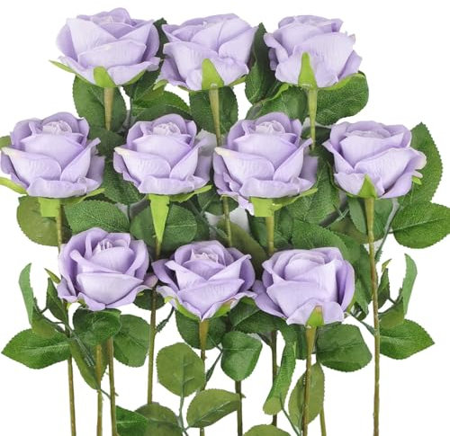 TYPHEERX Künstliche Rosensträuße mit langen Stielen, lila, realistisch, für Hochzeit, Valentinstag, Party, dekorativ, 10 Stück
