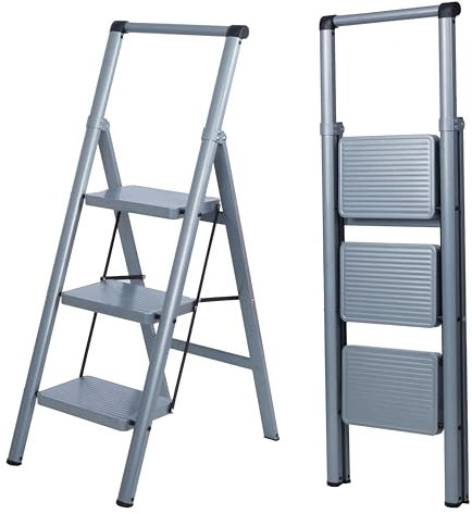 UZIRO Escalera Plegable 3 Peldaños, Liviana y Compacta, Diseño Decorativo, Peldaños Anchos Antideslizantes, Ideal para Uso en Hogar, Cocina y Oficina, Fácil de Guardar y Transportar, Alta Durabilidad