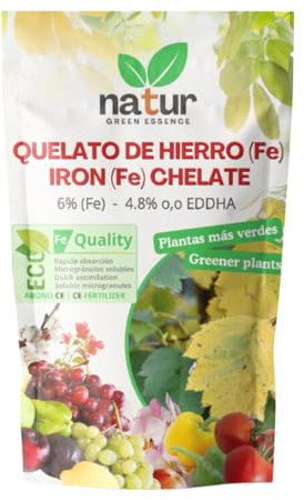 Natur, QUELATO DE HIERRO EDDHA para plantas, Reverdeciente Anticlorosis, Nutriente imprescindible, Fertilizante ecológico, Concentración ideal (6% Fe EDDHA o,o 4,8%), Plantas Verdes y Sanas, 500g