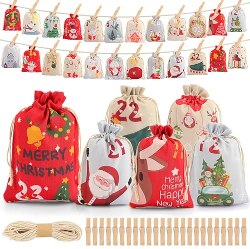 Coicok Calendrier de l'Avent 2025, 18 * 12cm Sac pour Calendrier de l'Avent Vide a Remplir, Pochette DIY Décoration Noël, 24 en Tissu Reutilisable Vide pour Enfant Femme Homme