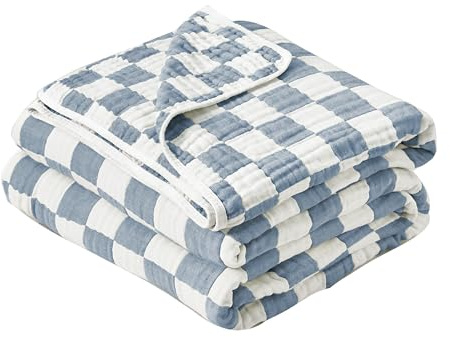 Ultra Soft Cozy 100% Cotton 6-Layer Muslin Baby Blanket 41x41 Breathable Lightweight Checkered Swaddle Blankets for Baby Boys Essentials Birthday Gifts All Seasons Both Sides (Blue)