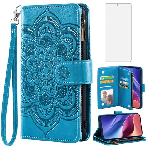 Asuwish Funda para Xiaomi Poco F3/Mi 11i 5G con Cristal Templado Protector Pantalla Vidrio Pelicula Protectora Libro Cuero Piel Tarjetero Mi11i/11X Pro/Redmi K40 Plus Tapa Carcasa Movil Capa Case Azul