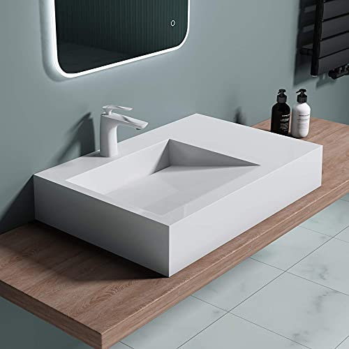 doporro Lavabo da Appoggio Rettangolare, Lavabo Sospeso con Foro Rubinetto in Marmo Resina Bianco Lucido 75x50x13cm, Lavandino Bagno Colossum11-750