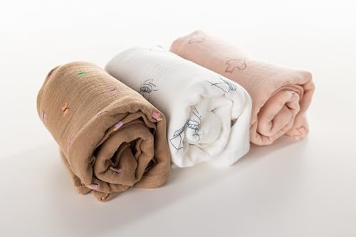 baginska - Lange bébé Gaze de Coton. Lot de 3 Langes en Coton. 100% Coton Oeko Tex. Mousseline, Bavoir, Couverture d'emmaillotage. Coffret Cadeau. Liste de Naissance.