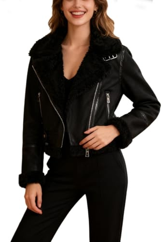 EGSDMNVSQ Veste En Cuir Simili Cuir Polaire Élégante Manteau D'Hiver Chaud Veste De Motard Revers Volante Pour Femme