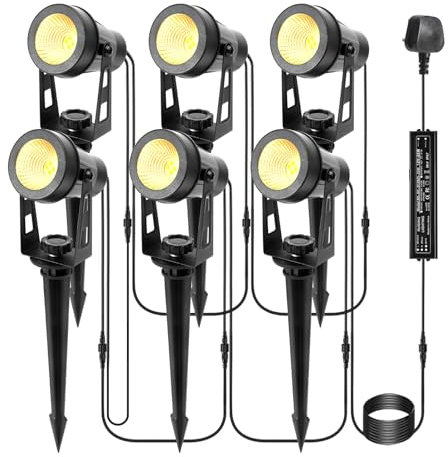 ECOWHO Garden Lights Mains Powered, 18W Extendable Outdoor Spot Lights with Adapter, 21m Garden Spike Lights 12V LED Outdoor Spotlights IP65 Waterproof Electric Uplighter for Path Tree