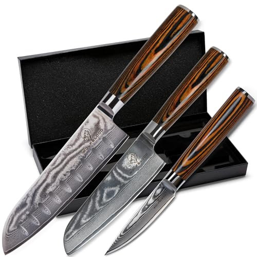 Wolfblood 3er Santoku Damastmesser-Set (30, 24 und 20cm) Profi Damast-Küchenmesser Set aus echtem 67 Lagen Damaststahl I Damastmesser Set mit Santokumesser, Office Messer, Geschenkbox & Klingenschutz