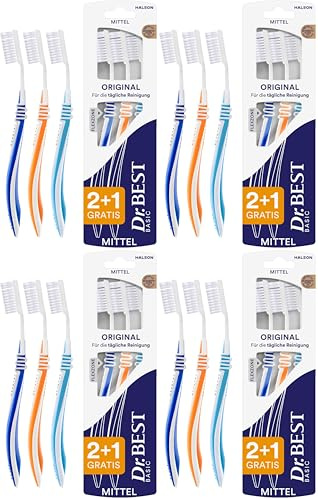 Dr.BEST Original Zahnbürste, Mittel, Vorteilspack (2 Stück + 1 Stück Gratis), hilft, das Zahnfleisch zu schützen (Packung mit 4)