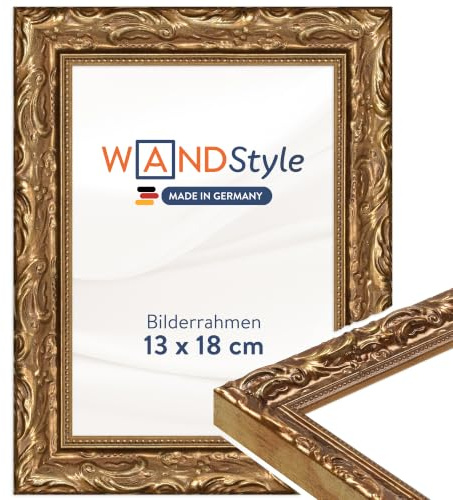 WANDStyle goldener Bilderrahmen 13x18 Holz, Bilderrahmen Gold Vintage | Hochwertiger Holzbilderrahmen Antik, Posterrahmen aufstellbar, Rahmen 18x13 cm, Fotorahmen H530 Made in Germany