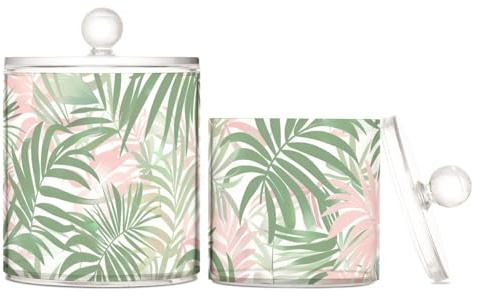 Organizer per trucchi in plastica trasparente con coperchio, per riporre i bastoncini di cotone, tamponi di cotone, bastoncini di cotone, filo interdentale, colore: pesca e verde, confezione da 2