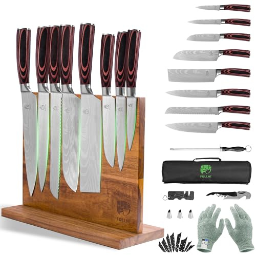 FULLHI 15-Piece Knife Set with Knife Block Holder, Stainless Steel Knives Cutlery Set, Ergonomic Handles Chef Knife Set for Professional and Home Cooking (Coffee Wood)