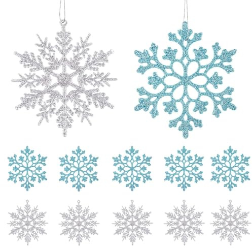 ERBO 24 Stück Schneeflocken Weihnachten Deko, Weihnachtsbaumschmuck Weihnachtsdeko Blau Silber, Baumschmuck Weihnachten, Glitter Schneeflocken Anhänger für Weihnachtsdeko Weihnachtsbaum Deko