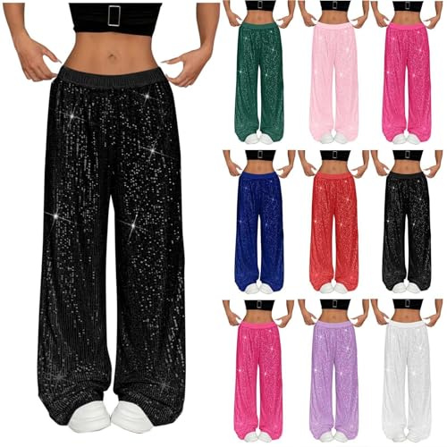 YCBMINGCAN Damen Glitzer Hose Pailletten & Weite Haremshose mit Elastischem Bund, Locker Glitzerhose High Waist, Lässige Partyhose für Festival & Club, Leichte Bauchtanzhose Abendmode
