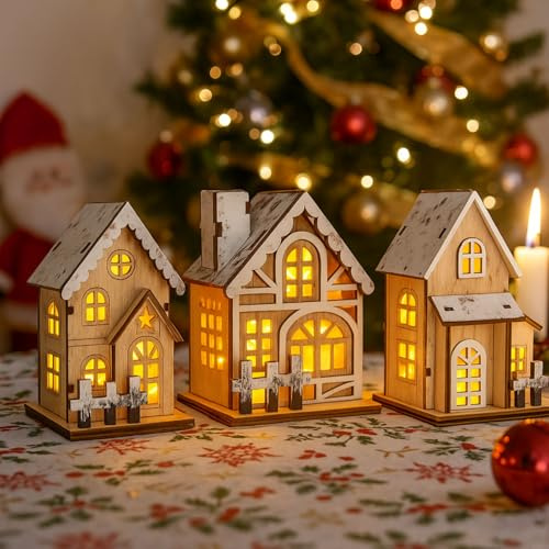 Kertaym Holz Weihnachtsdorf, Weihnachtshaus Beleuchtet, Wichtelhaus, Weihnachtshäuser Mit Knopfzellen, LED Weihnachtsdorf Häuser, Weihnachtendeko Innen (3 Stück)
