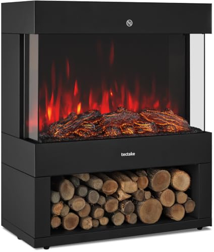 tectake® Elektrokamin mit 2 Heizstufen 900W/1800W, elektrischer Kamin mit 3D-Flammeneffekt, Glut und Holz, Kaminfeuer, Elektro Kamin Deko mit Thermostat, Kippschutz und Überhitzungsschutz, schwarz