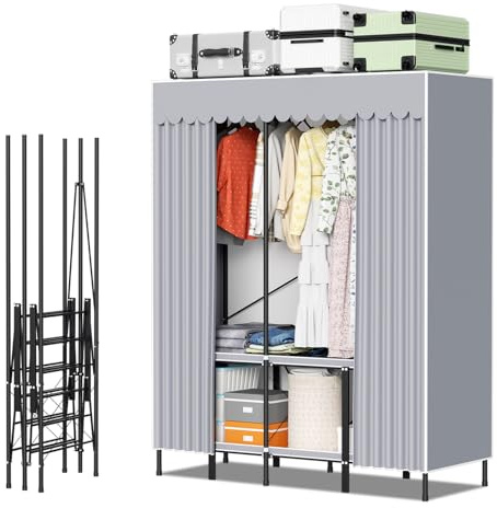 Hebitod Robust tyggarderob 138 × 170 × 48 cm med stålrörsram, vikbar konstruktion med förstärkning, lastkapacitet upp till 100 kg, damm- och insynsskydd, för små lägenheter