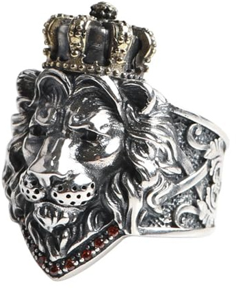 Vintage S925 Sterling Silver Lejonhuvud med Kronringar, Modige Lejonkungen Justerbar Öppen Ring, Djursmycken för Herr (without box)