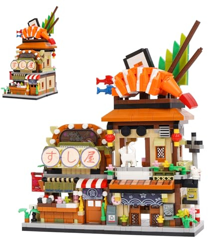 Geniteen Byggstensset Japansk Sushi Shop Byggkloss Set, 1117 Bitar Kreativ DIY Mini Stad Hus MOC Gatuvy Heminredning Modell för Vuxna (Sushibutik)
