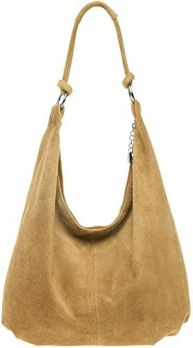 Caspar Große Damen Vintage Veloursleder Tasche Samtweiche Schultertasche aus Leder - CLASSIC LINE - Modell No.617 - Made in Italy, Farbe:camel