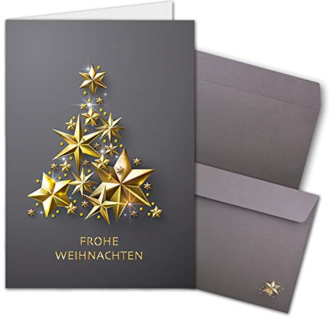 NEUSER PAPIER 10x Weihnachtskarten-Set DIN A6 in Grau mit goldenem Weihnachtsbaum aus Sternen - Faltkarten mit passenden Umschlägen - Weihnachtsgrüße für Firmen und Privat