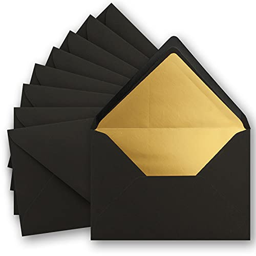 50x metallic Gold-gefütterte Brief-Umschläge DIN C5, schwarz - 156 x 220 mm - Nassklebung mit spitzer Klappe - FarbenFroh by GUSTAV NEUSER