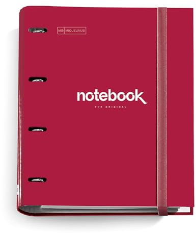 Miquelrius - Raccoglitore a 4 anelli A4 Emotions, 100 fogli a quadretti, Chiusura con elastico per l'uso come materiale scolastico, Copertina rigida in cartone, Colore rosso