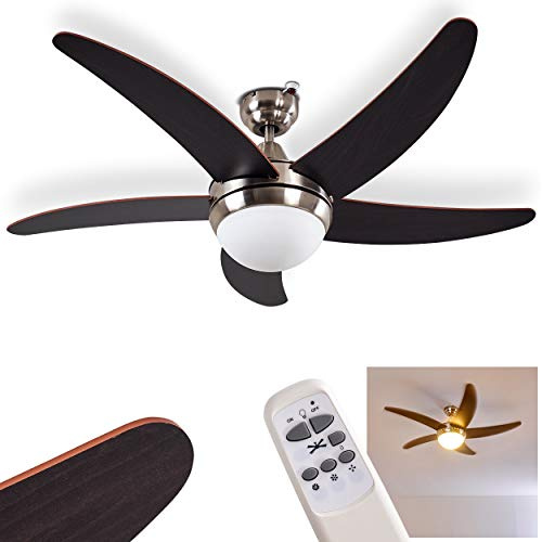 HOFSTEIN Deckenventilator Morino aus Metall/Holz/Glas in Nickel-matt/braun, Deckenlampe mit Ventilator inkl. Fernbedienung in 3 Stufen schaltbar, geeignet für Sommer u. Winter, Wohnzimmer Küche