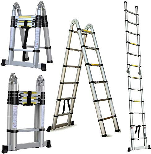3.8M Telescoping Extension Ladder Max 150kg Capacity Portable Multi-Purpose A-Frame Ladder Loft Ladder 1.9m+1.9m Attic Ladder for Home Office w/Support Bar