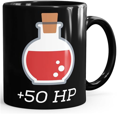 MoonWorks Kaffee-Tasse +50 HP Heiltrank Healthpoints Kaffeetasse glänzend Schwarz unisize