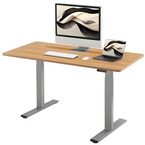 E.For.U® höhenverstellbarer Schreibtisch 140x80 cm, 2 Motoren, elektrisch höhenverstellbares Tischgestell mit 2-Fach-Teleskop, Memory-Steuerung (Silber), DT20L mit Tischplatte (Buche)